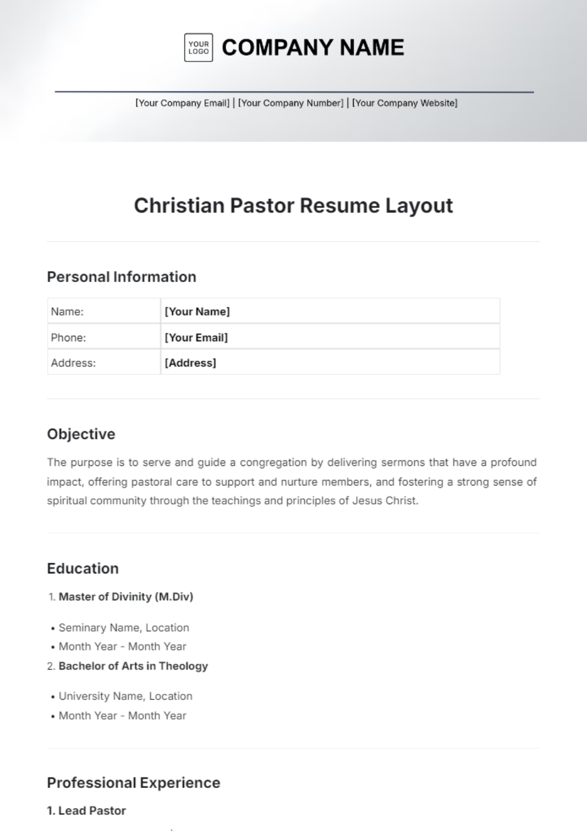 Christian Pastor Resume Layout Template - Edit Online & Download