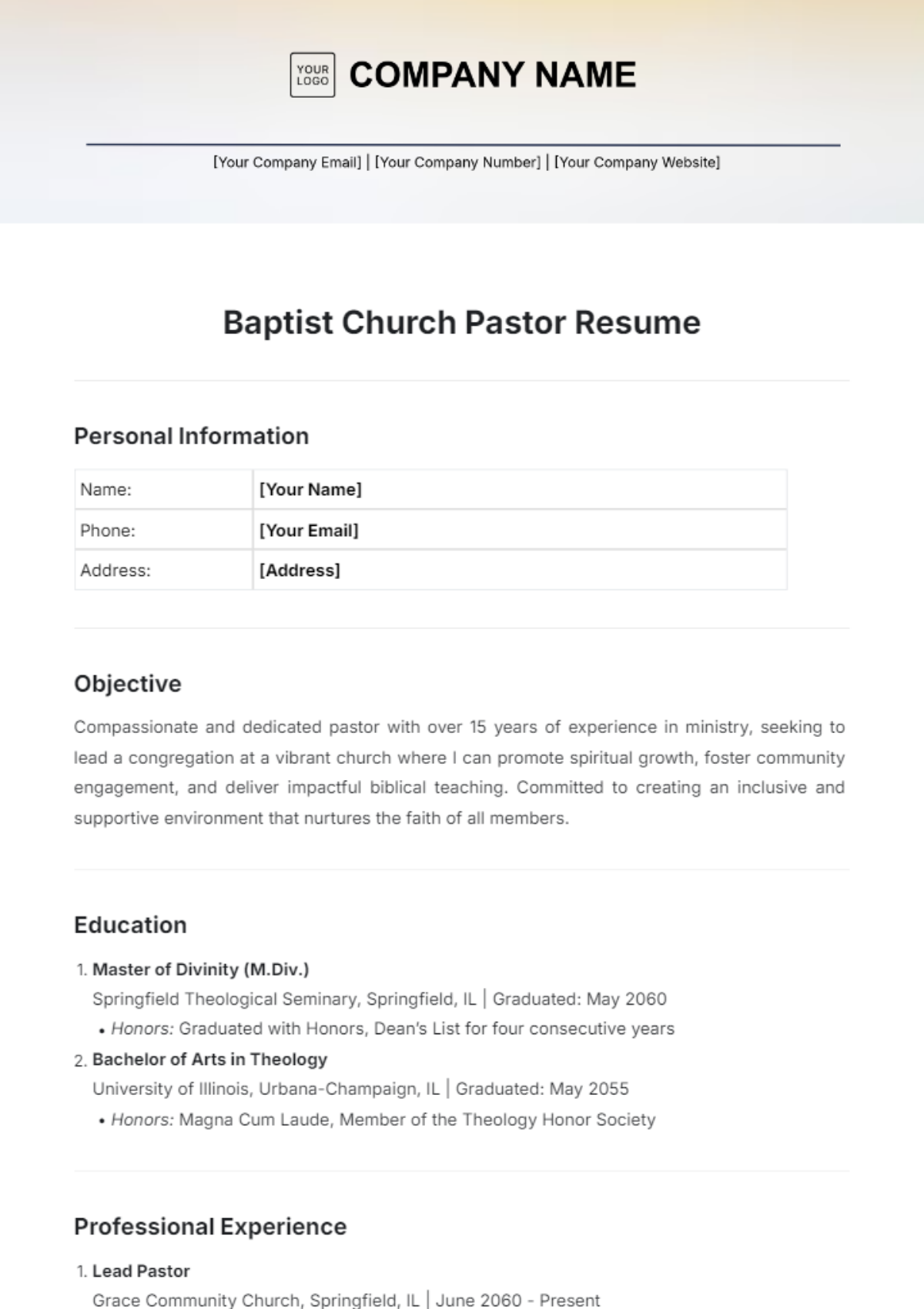 Baptist Church Pastor Resume Template - Edit Online & Download