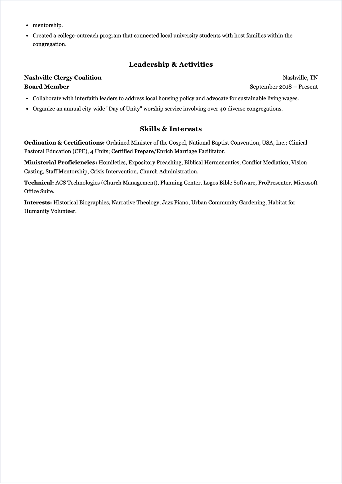 Free Baptist Church Pastor ATS Resume Template, AI Resume Builder