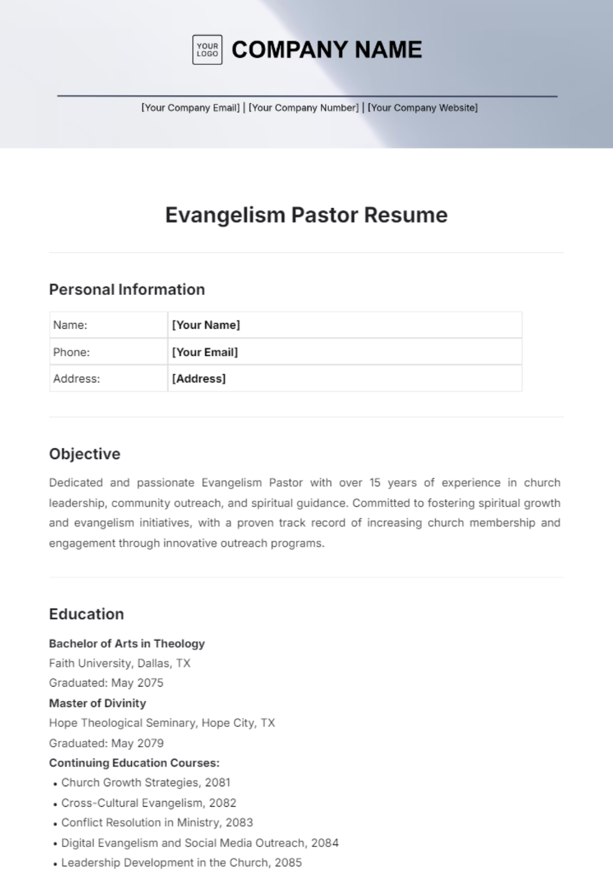 Evangelism Pastor Resume Template - Edit Online & Download