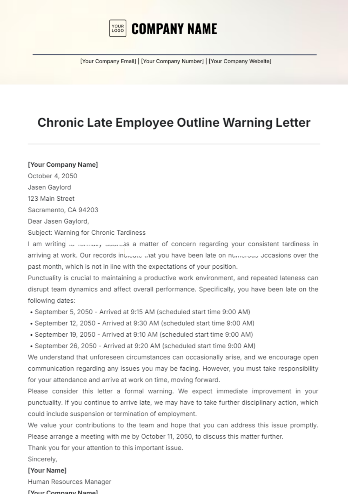 Chronic Late Employee Outline Warning Letter Template - Edit Online & Download