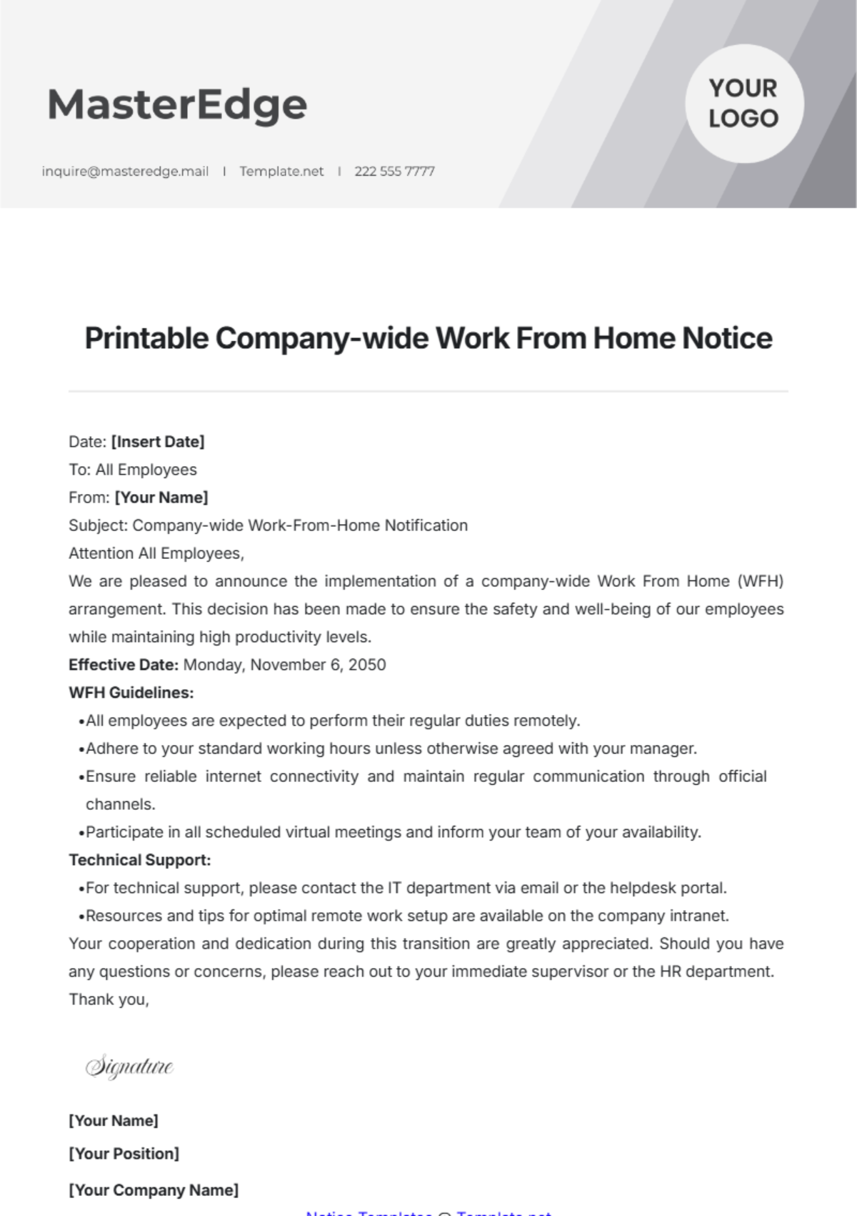 Printable Company-wide Work From Home Notice Template - Edit Online & Download