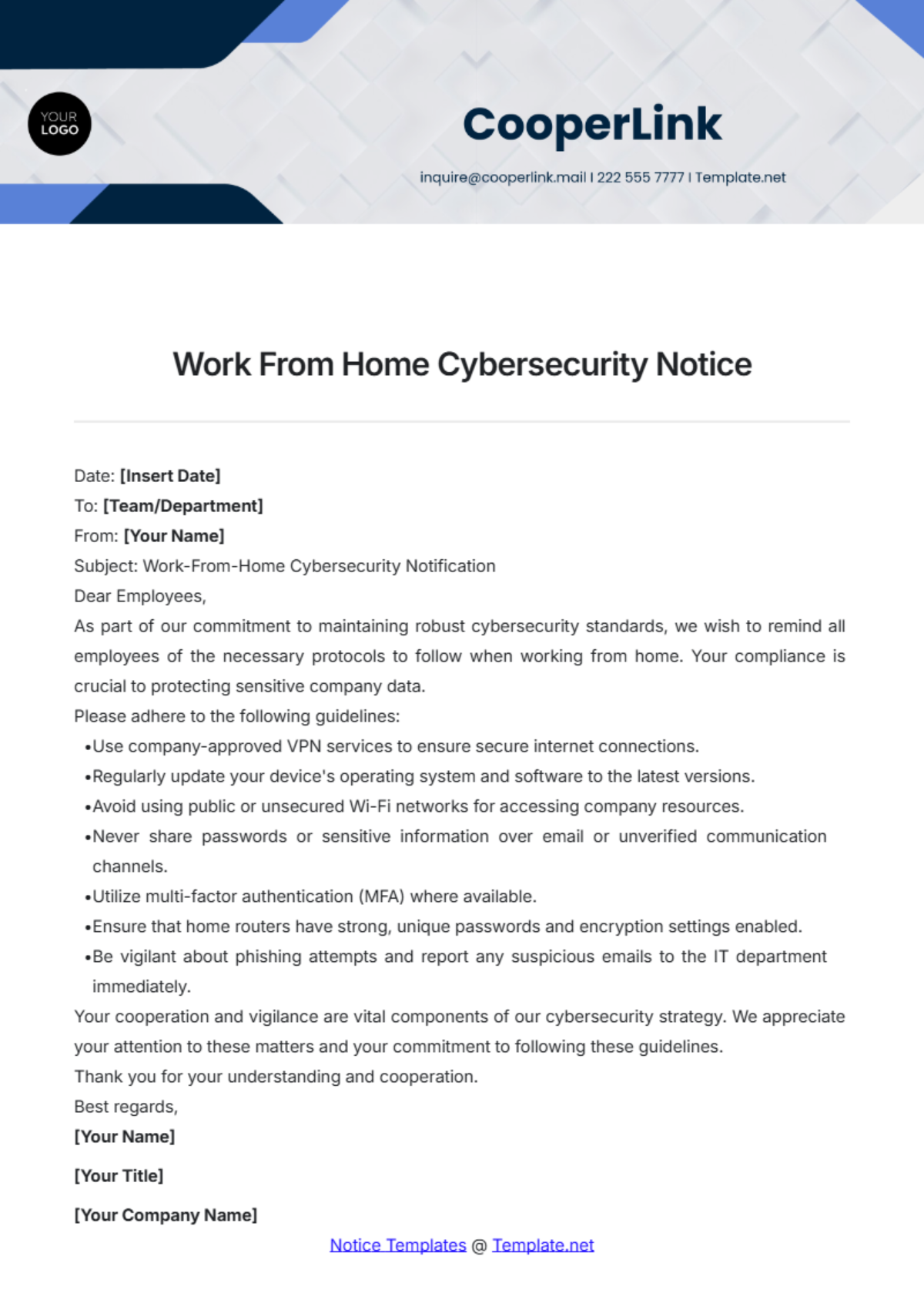 Work From Home Cybersecurity Notice Template - Edit Online & Download