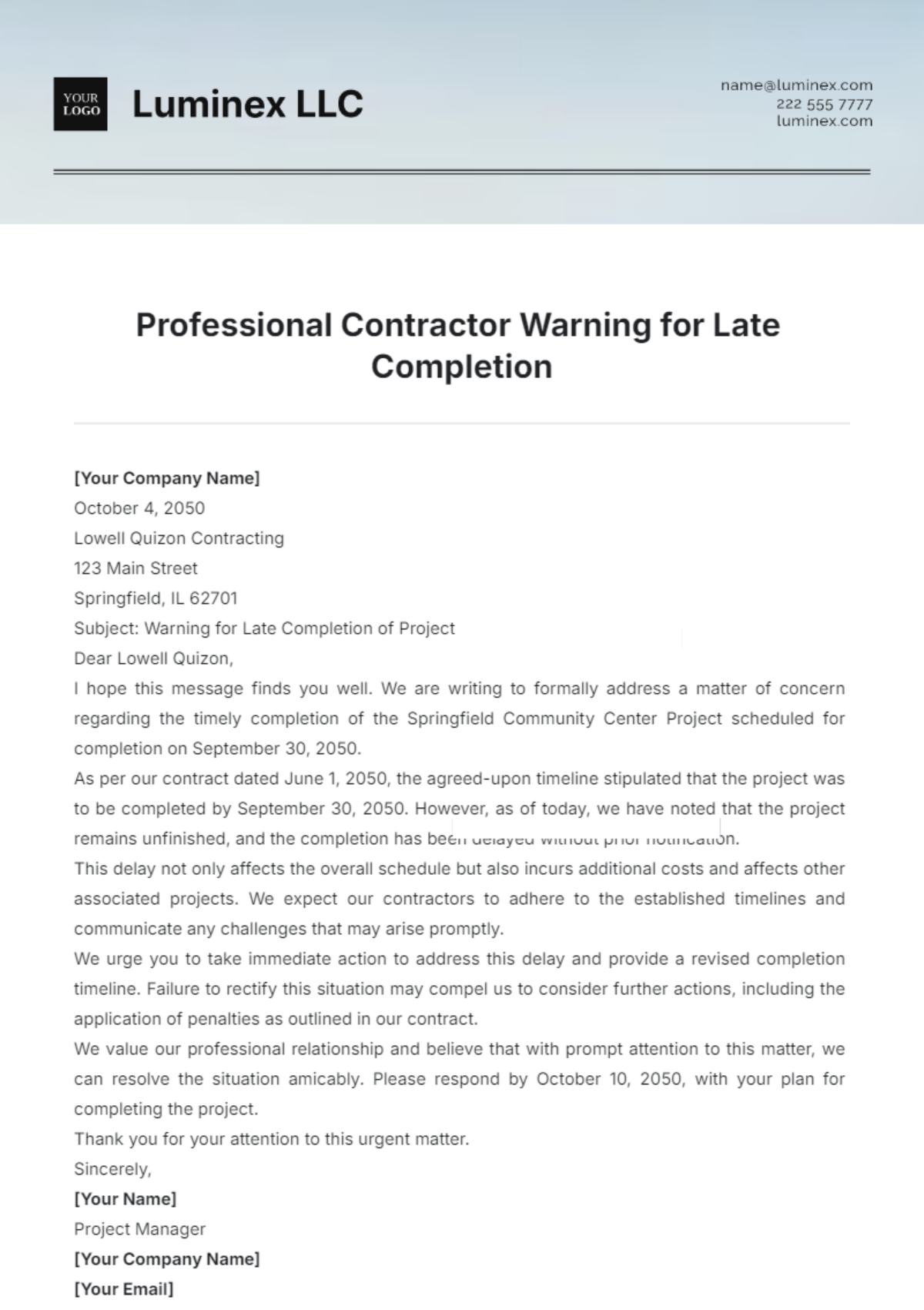 Professional Contractor Warning for Late Completion Template - Edit Online & Download