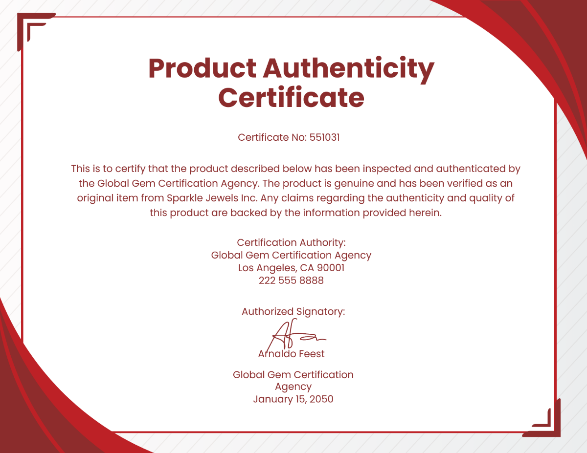 Product Authenticity Certificate Template - Edit Online & Download