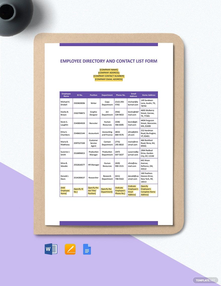 Employee Directory and Contact List Form Template