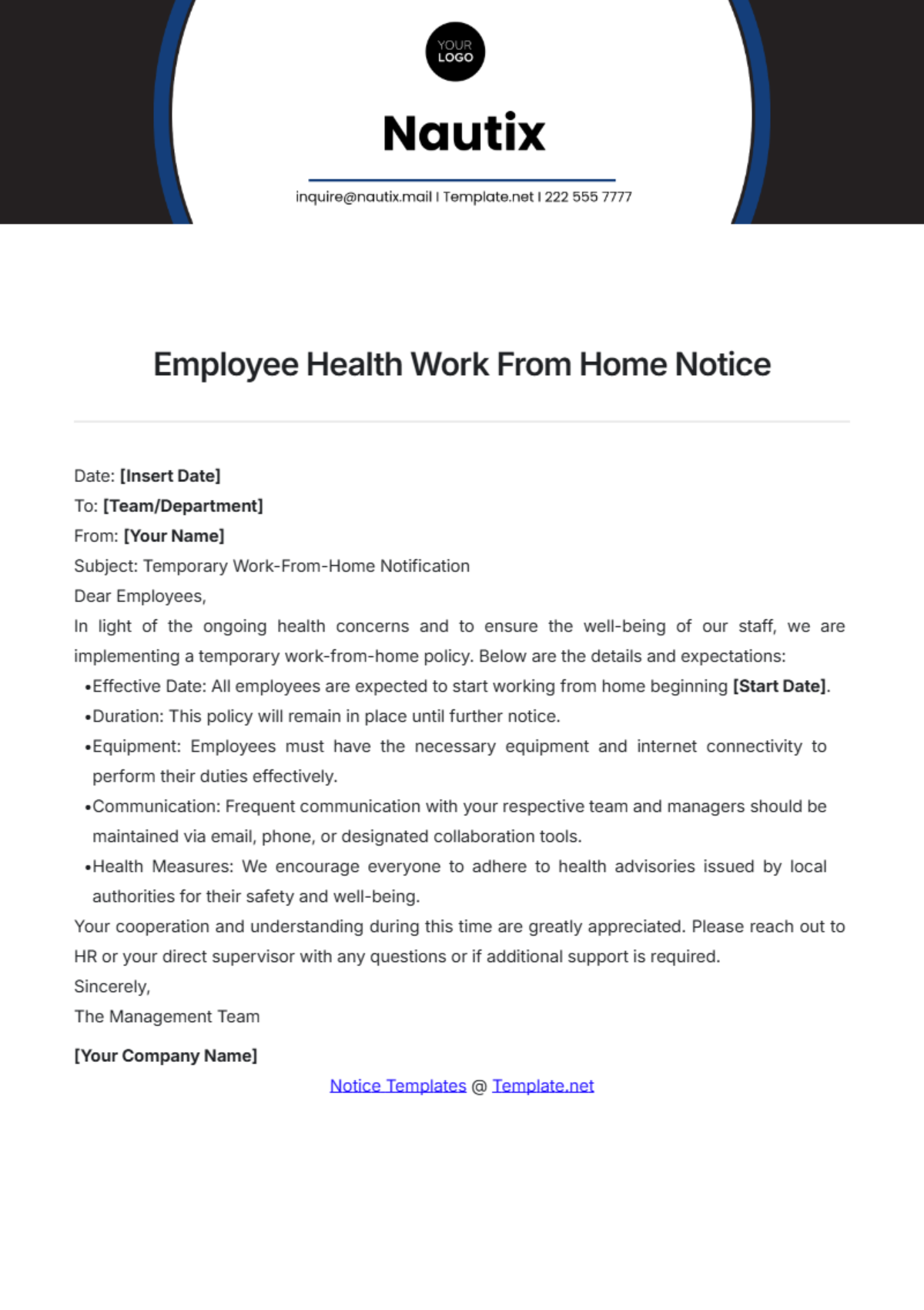 Employee Health Work From Home Notice Template - Edit Online & Download