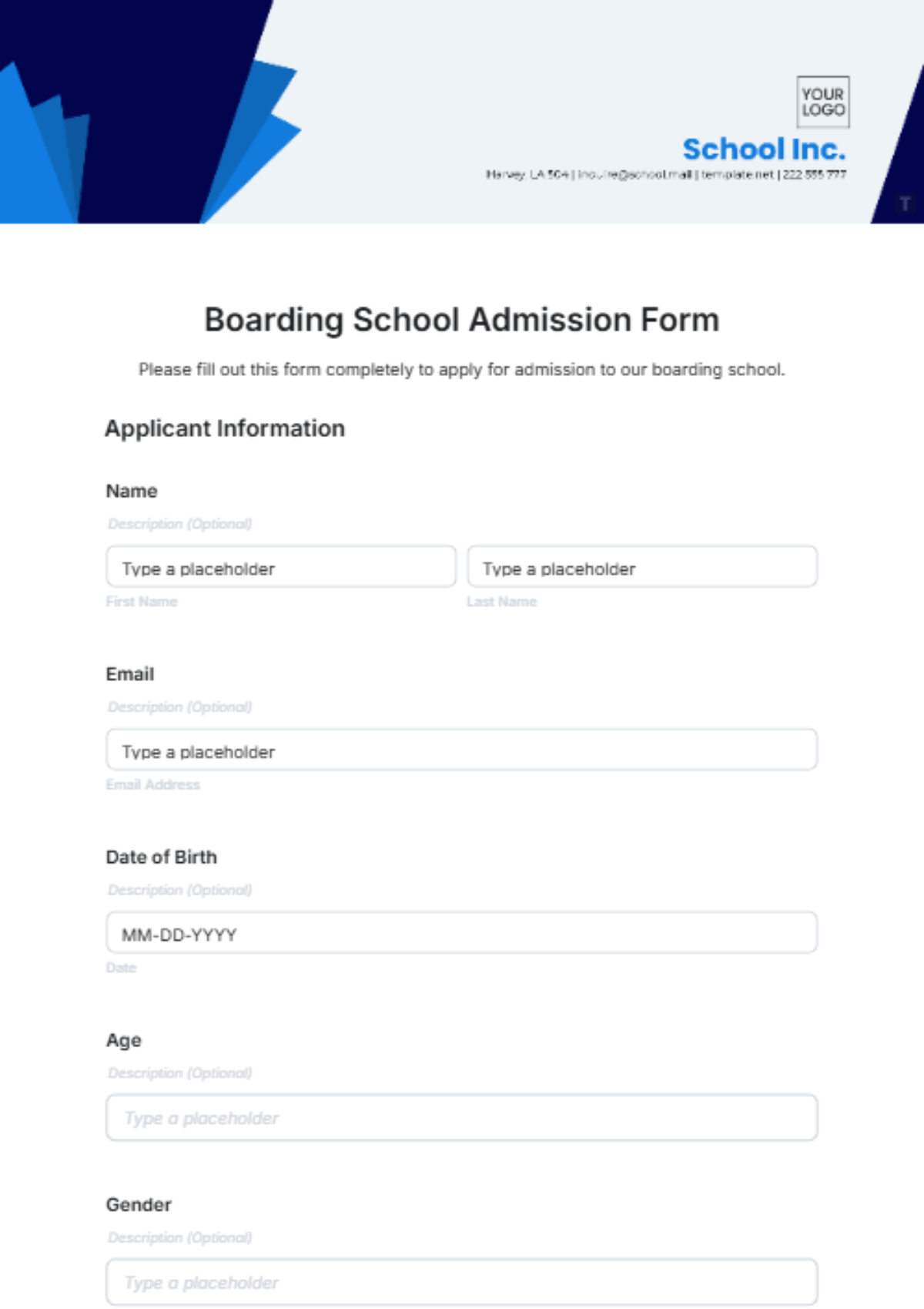 Boarding School Admission Form Template - Edit Online & Download