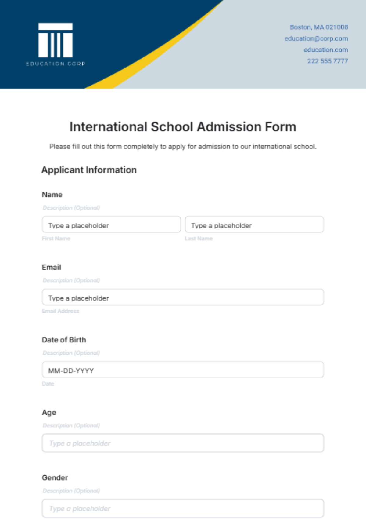 Free International School Admission Form Template