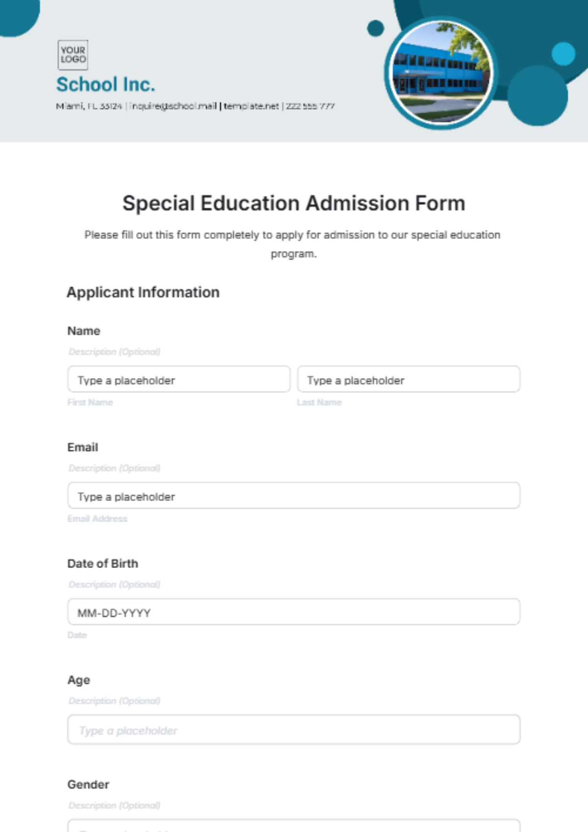 Free Special Education Admission Form Template