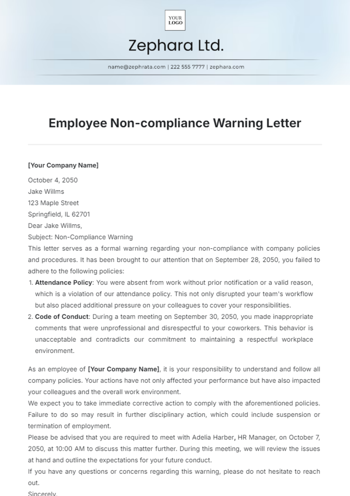 Employee Non-compliance Warning Letter Template - Edit Online & Download