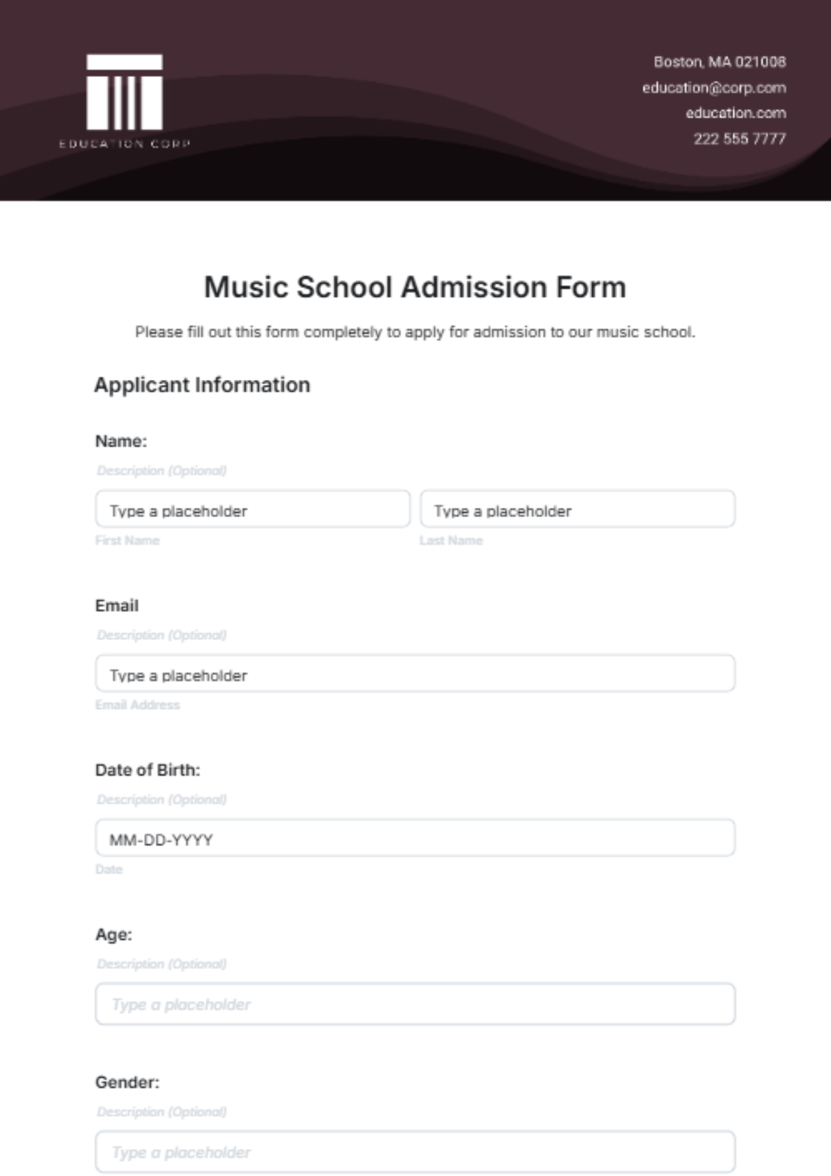 Music School Admission Form Template - Edit Online & Download