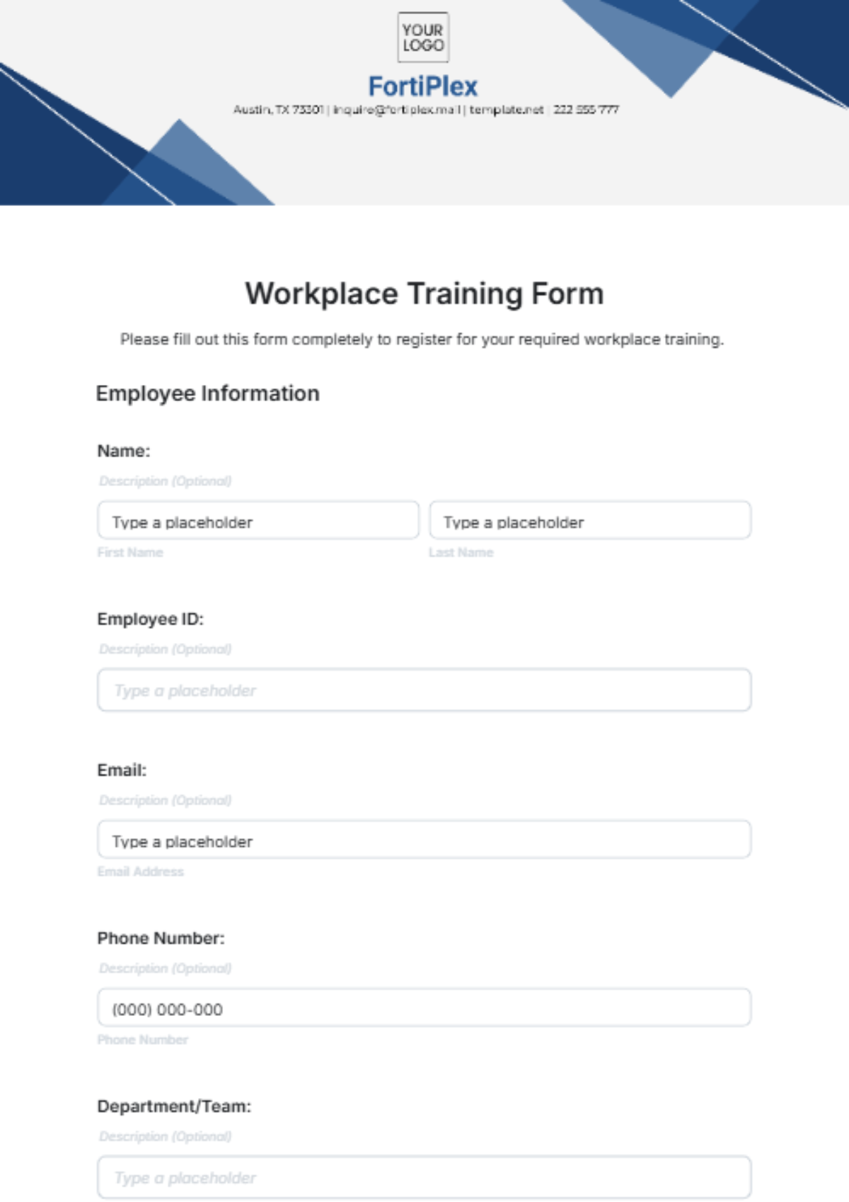 Free Workplace Training Form Template to Edit Online