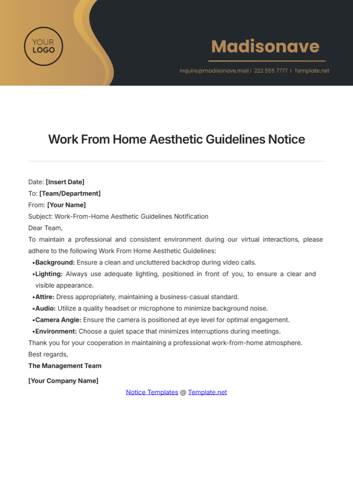 Work From Home Aesthetic Guidelines Notice Template - Edit Online & Download