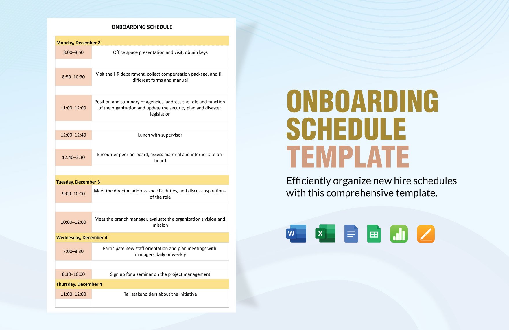 Onboarding Schedule Template in Word, Google Docs, Excel, Google Sheets, Apple Pages, Apple Numbers