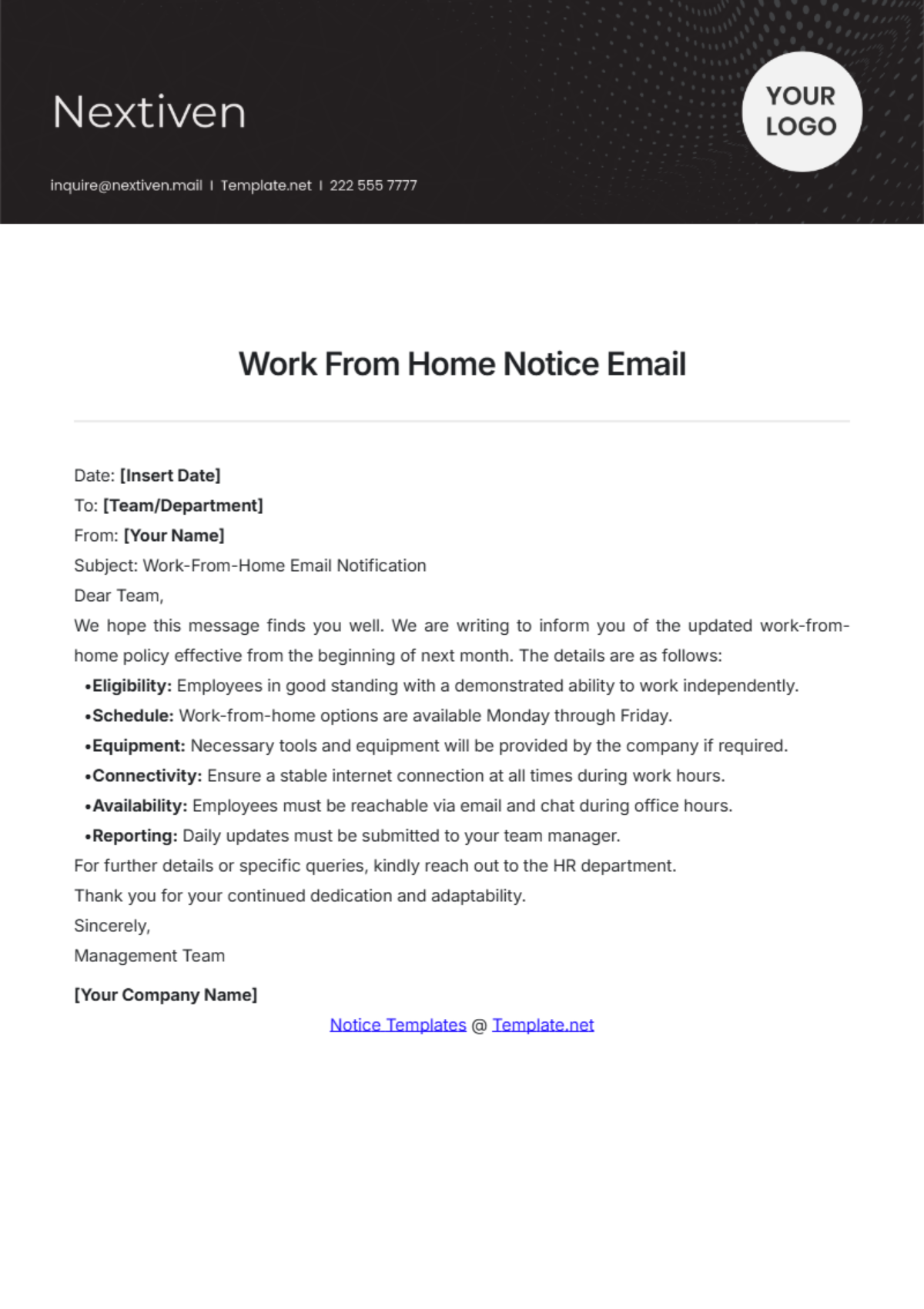 Work From Home Notice Email Template - Edit Online & Download