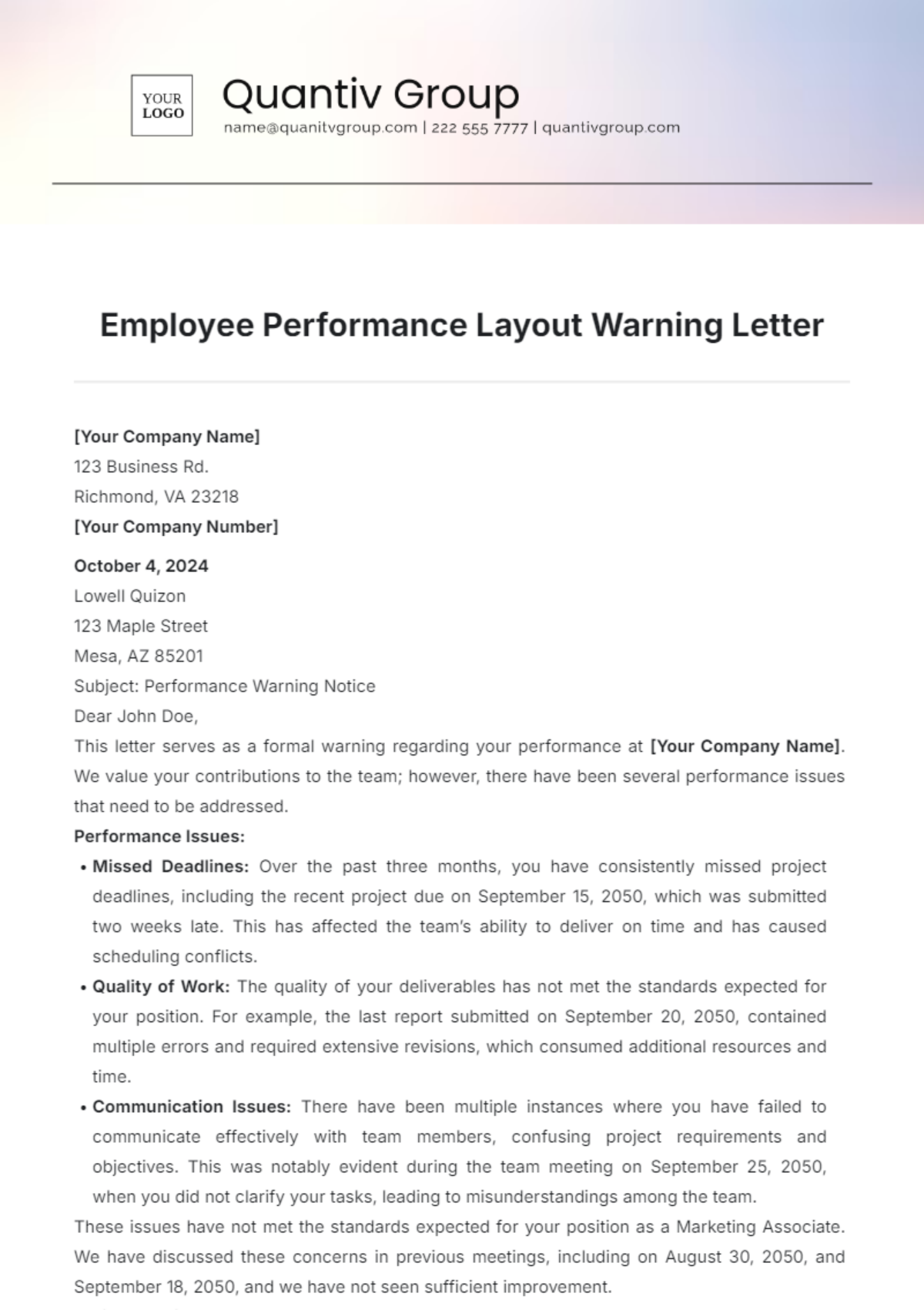 Employee Performance Layout Warning Letter Template - Edit Online & Download