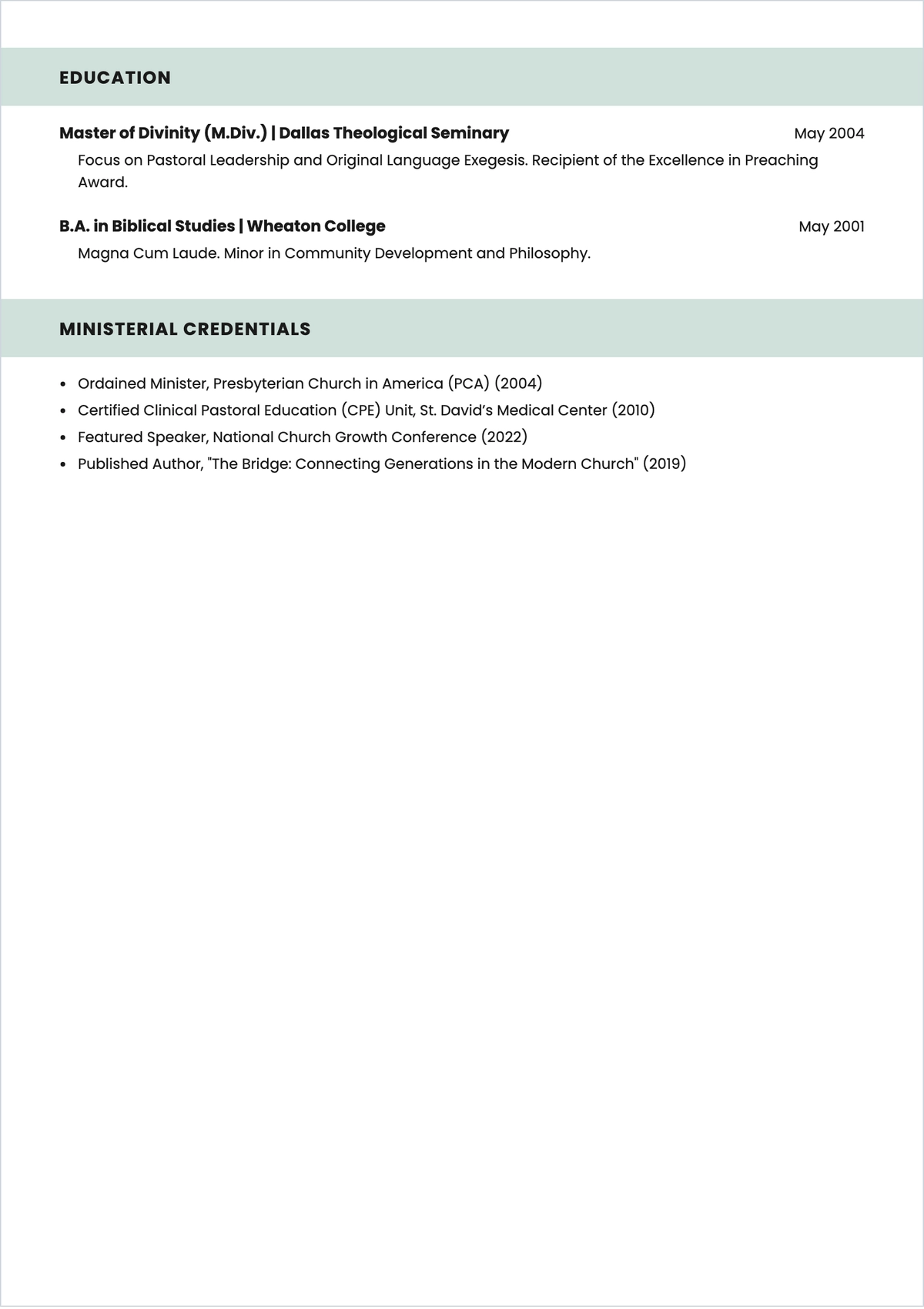 Free Lead Pastor ATS Resume Template, AI Resume Builder
