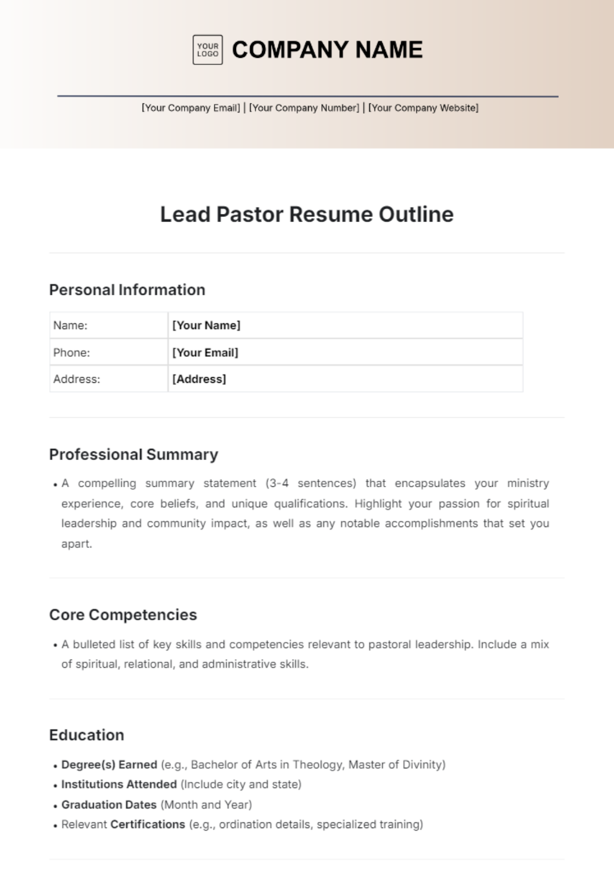 Lead Pastor Resume Outline Template - Edit Online & Download