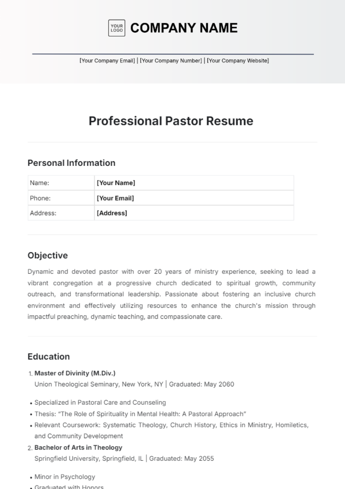 Professional Pastor Resume Template - Edit Online & Download