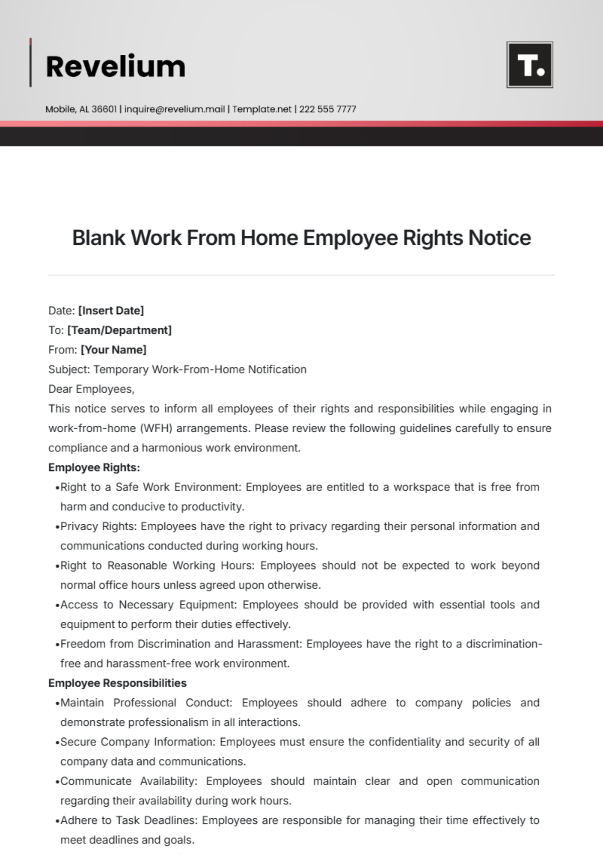 Blank Work From Home Employee Rights Notice Template - Edit Online & Download