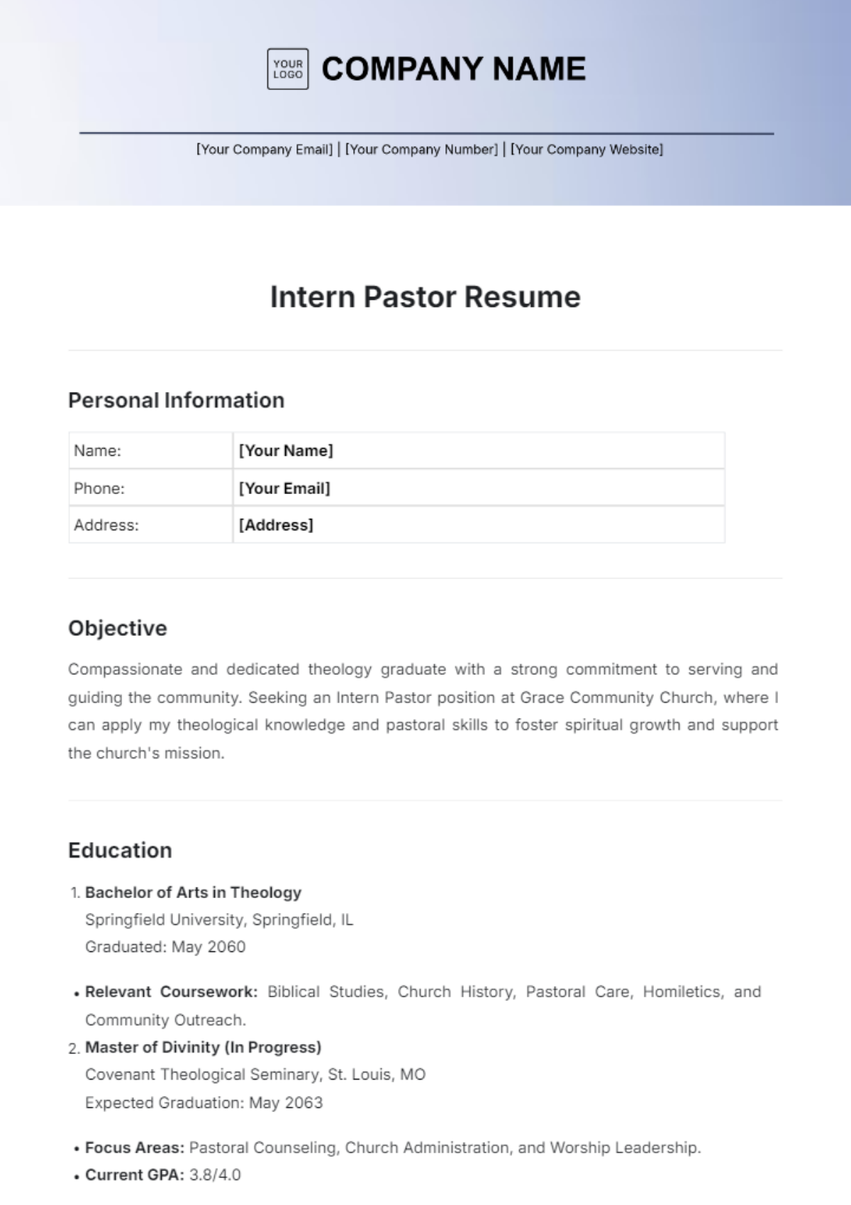 Intern Pastor Resume Template - Edit Online & Download