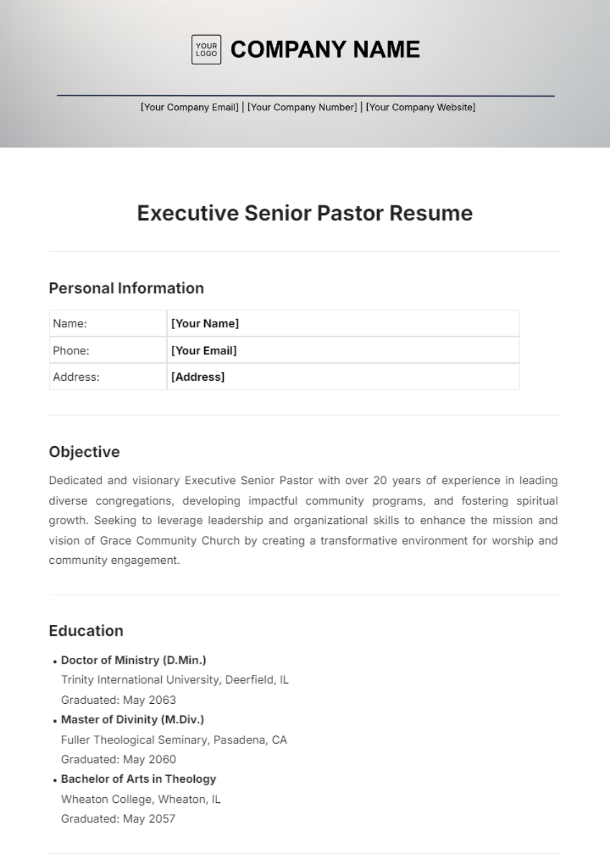 Executive Senior Pastor Resume Template - Edit Online & Download