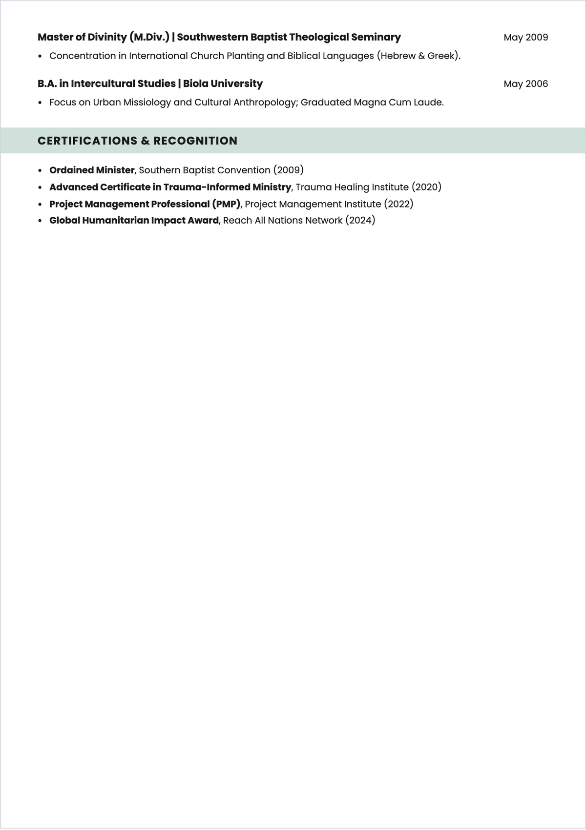 Free Missionary Pastor ATS Resume Template, AI Resume Builder