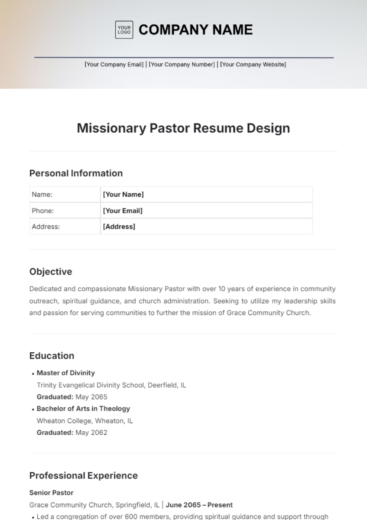 Missionary Pastor Resume Design Template - Edit Online & Download