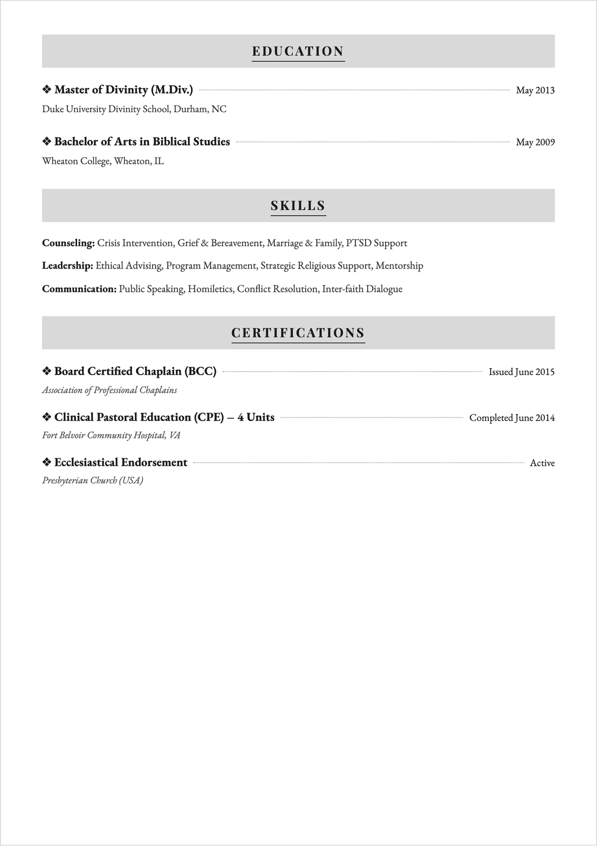 Free Military Chaplain ATS Resume Template, AI Resume Builder