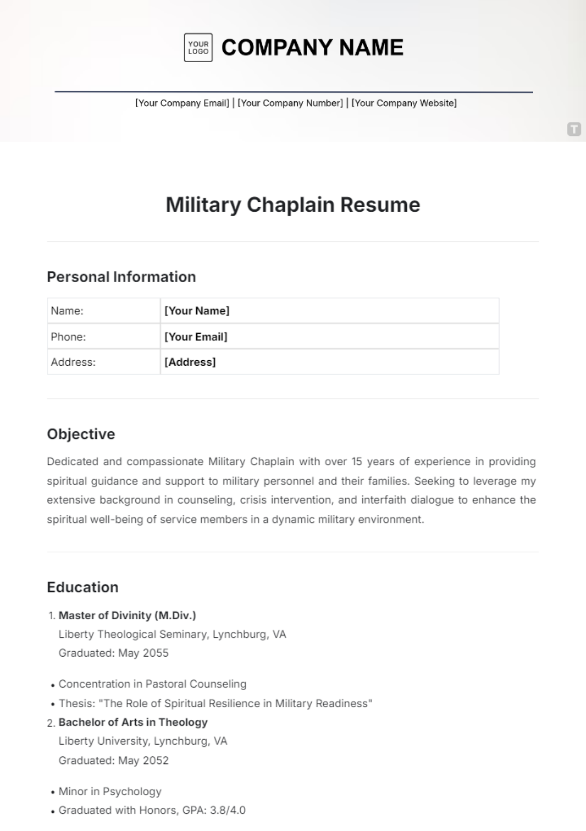 Military Chaplain Resume Template - Edit Online & Download