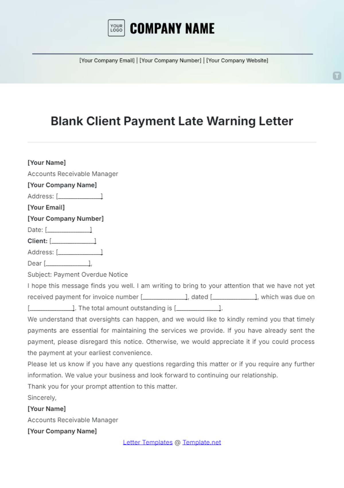 Blank Client Payment Late Warning Letter Template - Edit Online & Download