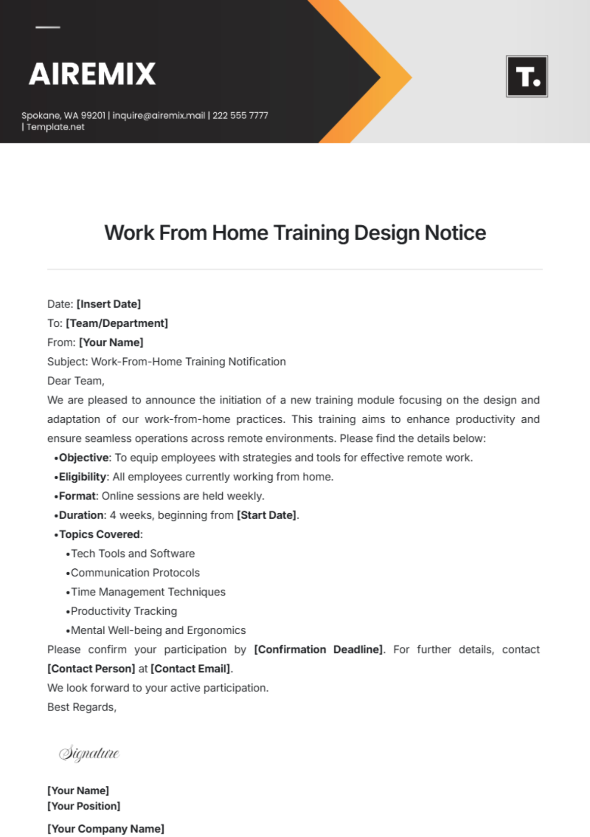 Work From Home Training Design Notice Template - Edit Online & Download