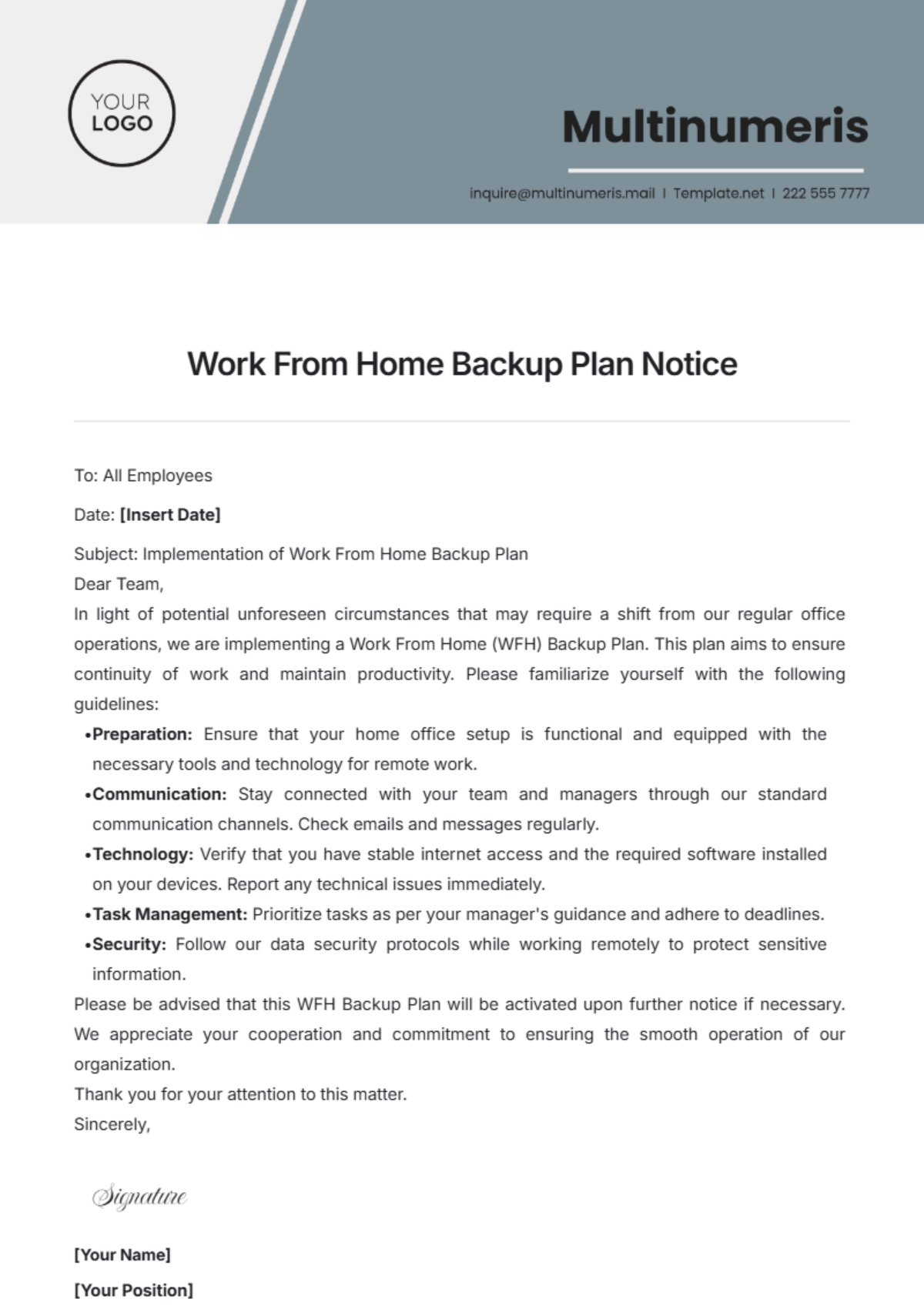 Work From Home Backup Plan Notice Template - Edit Online & Download