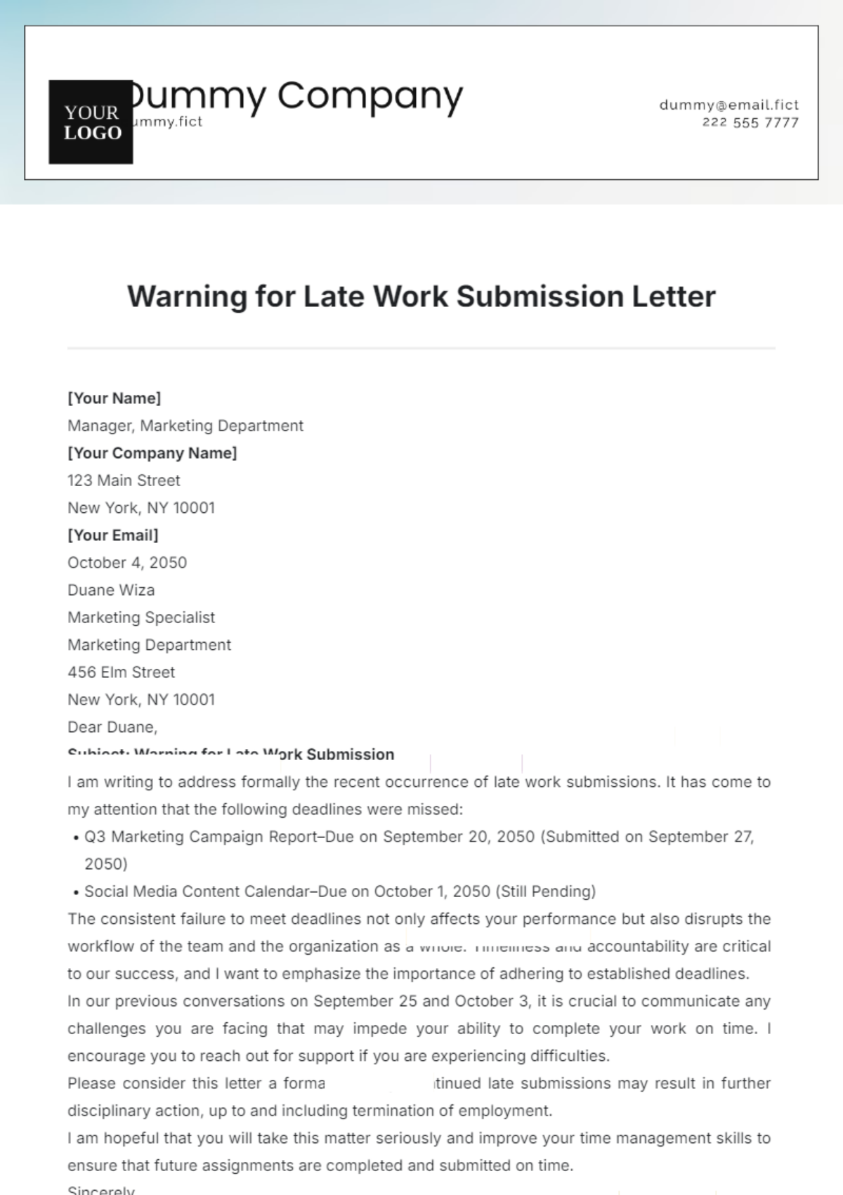 Warning for Late Work Submission Letter Template - Edit Online & Download