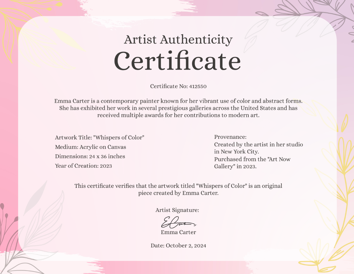 Artist Authenticity Certificate Template - Edit Online & Download