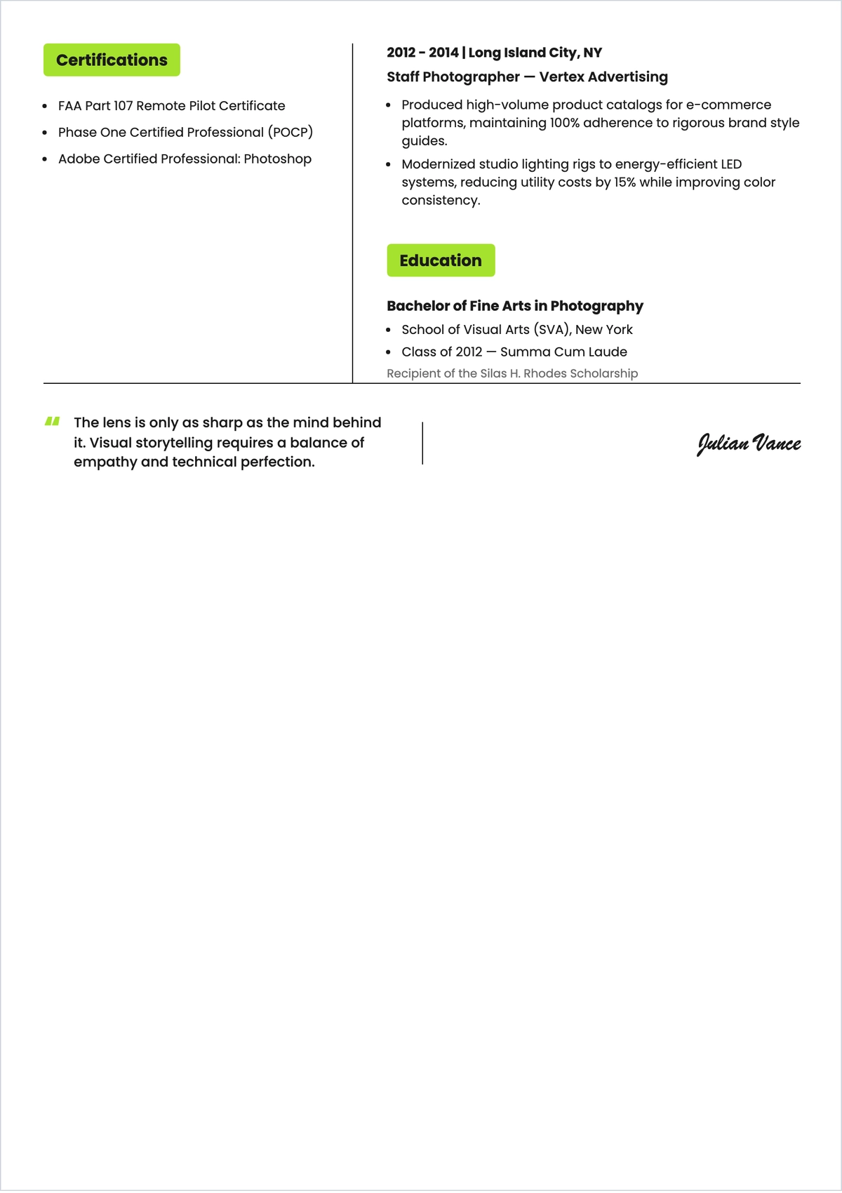 Free Photographer Photo ATS Resume Template, AI Resume Builder