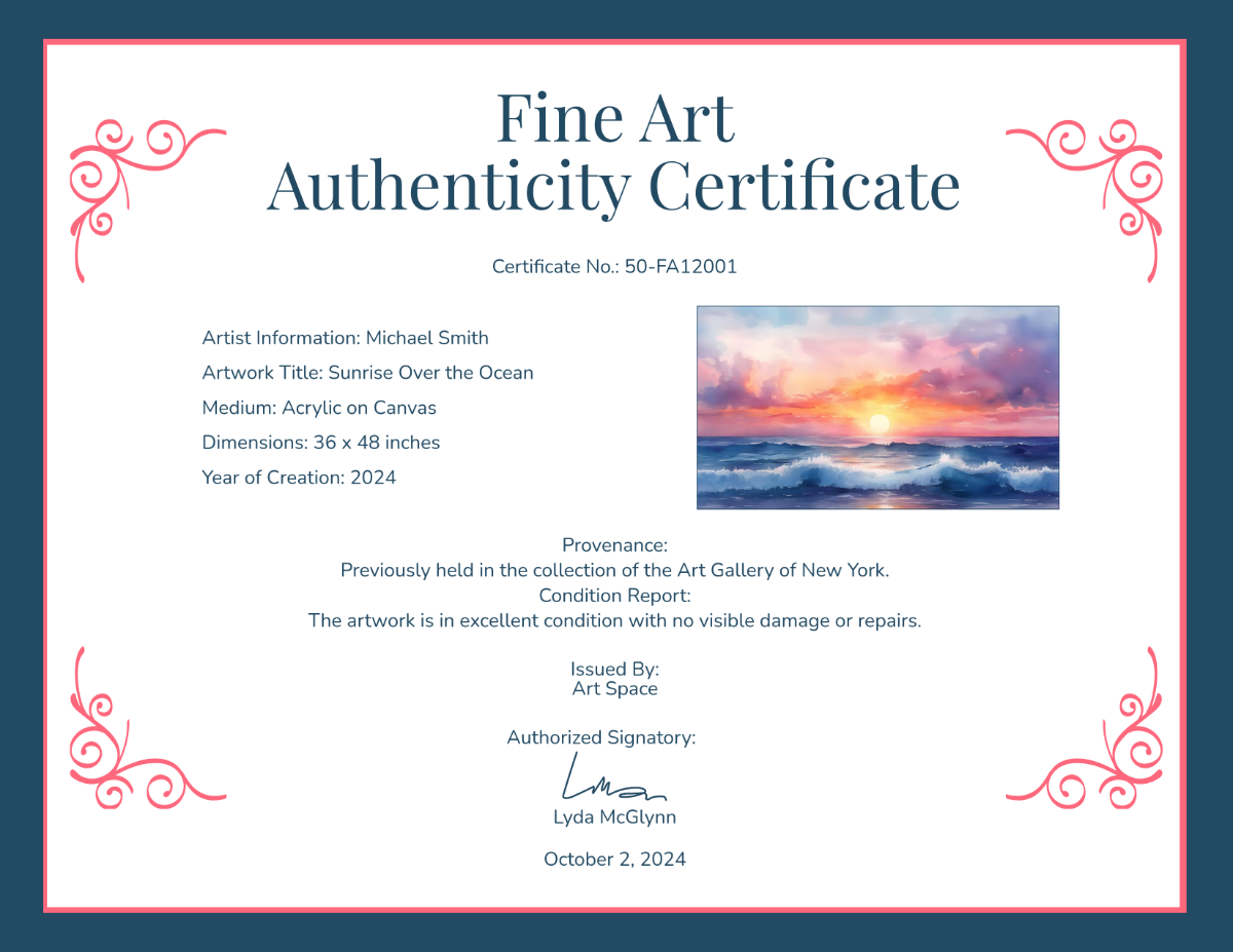 Fine Art Authenticity Certificate Template - Edit Online & Download