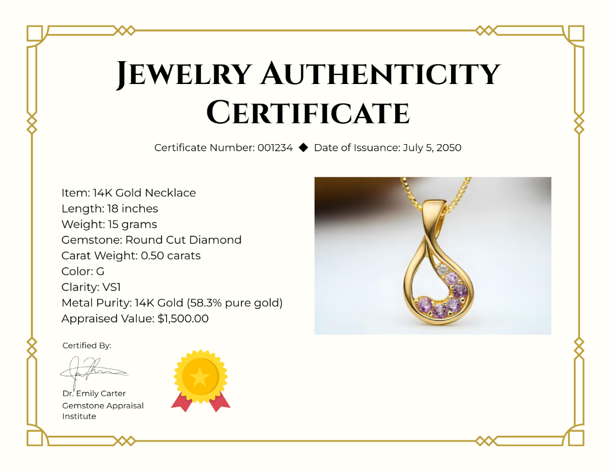 Jewelry Authenticity Certificate Template - Edit Online & Download