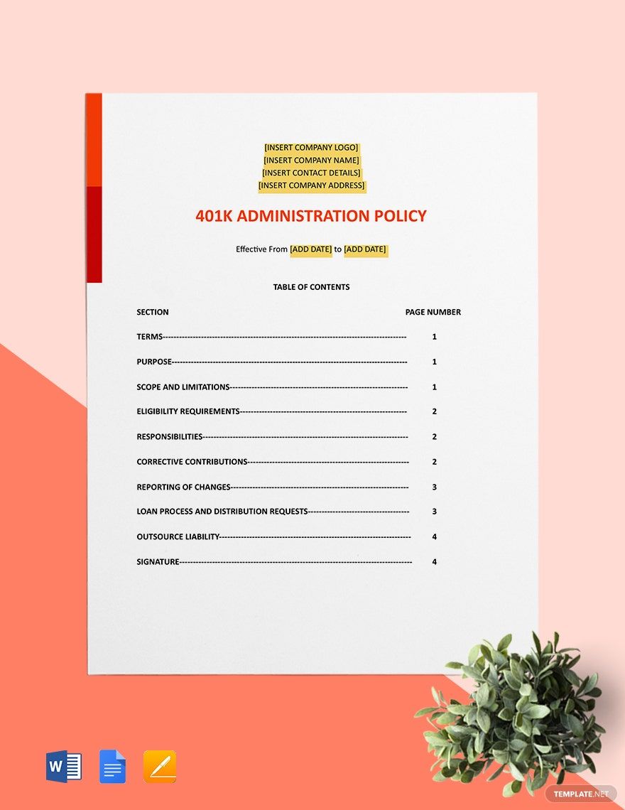 401K Administration Policy Template