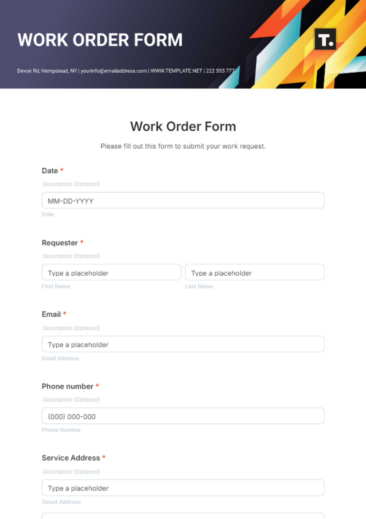 Work Order Form Template - Edit Online & Download