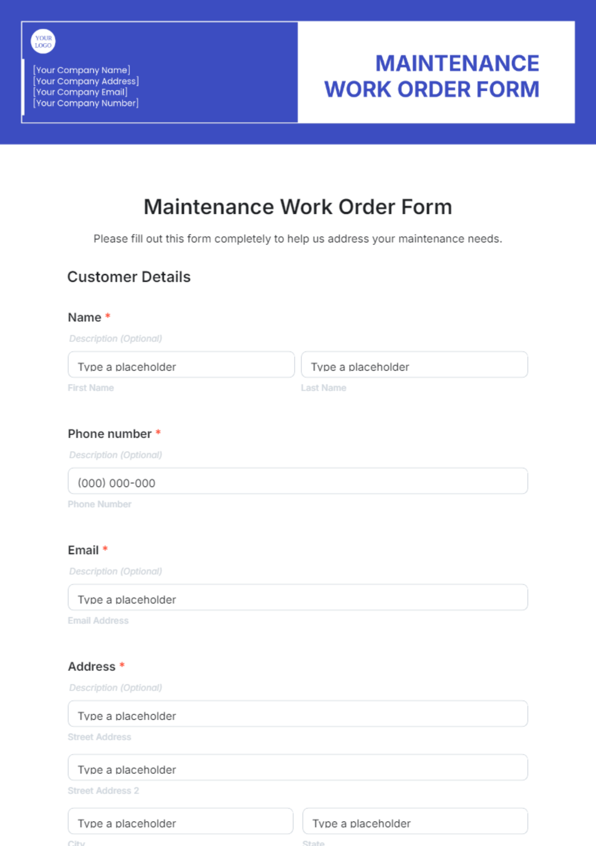 Free Maintenance Work Order Form Template