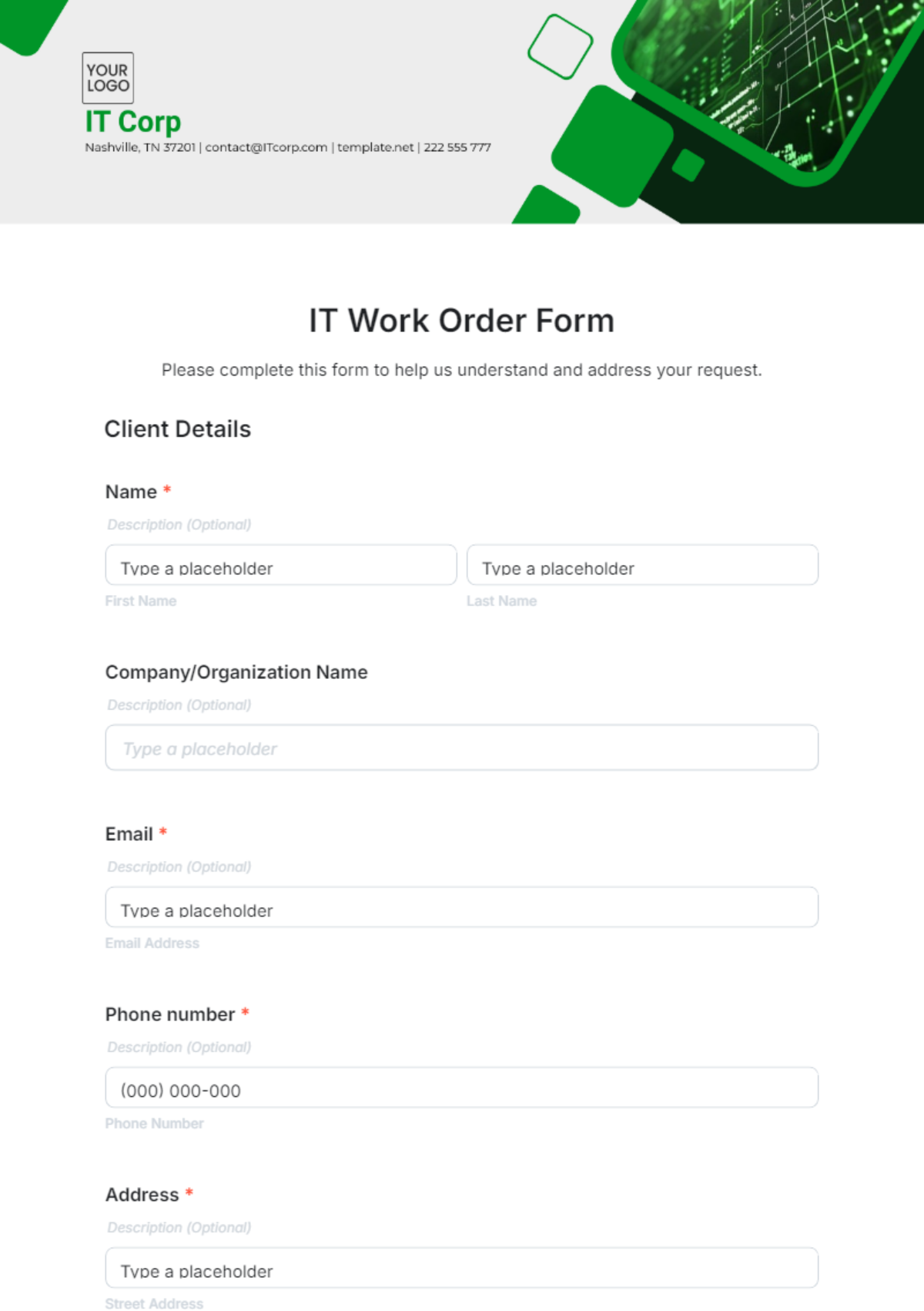 Free IT Work Order Form Template