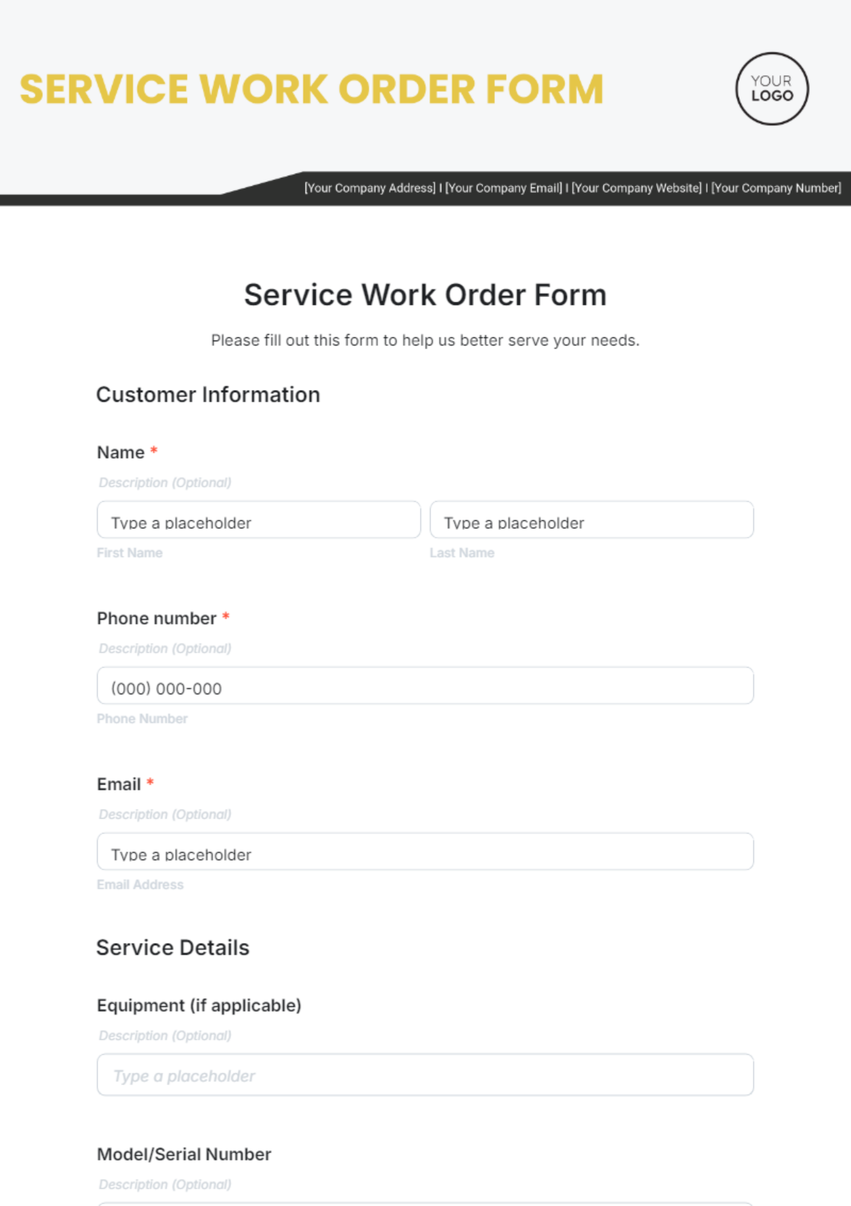 Free Service Work Order Form Template