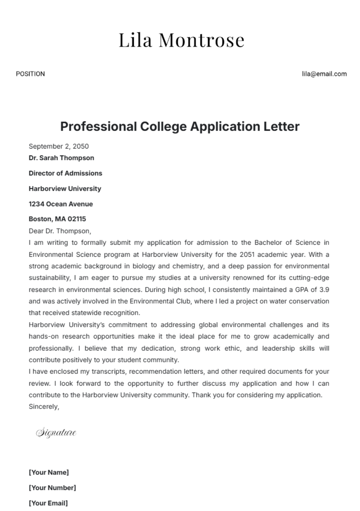 Professional College Application Letter Template - Edit Online & Download