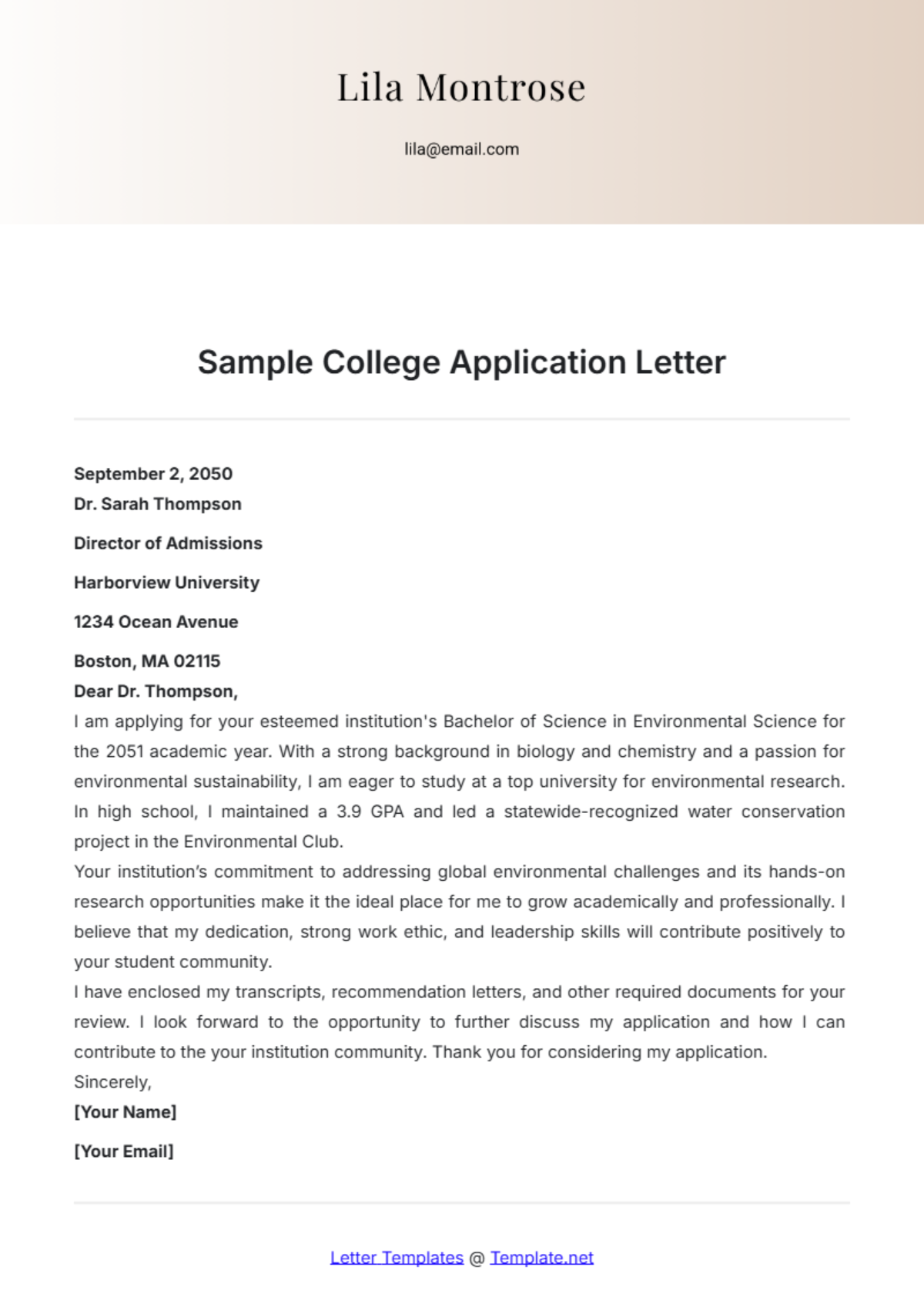 Sample College Application Letter Template - Edit Online & Download