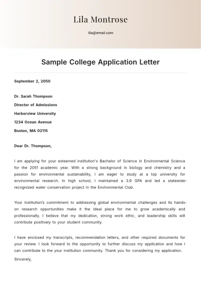 Free Sample College Application Letter Template to Edit Online