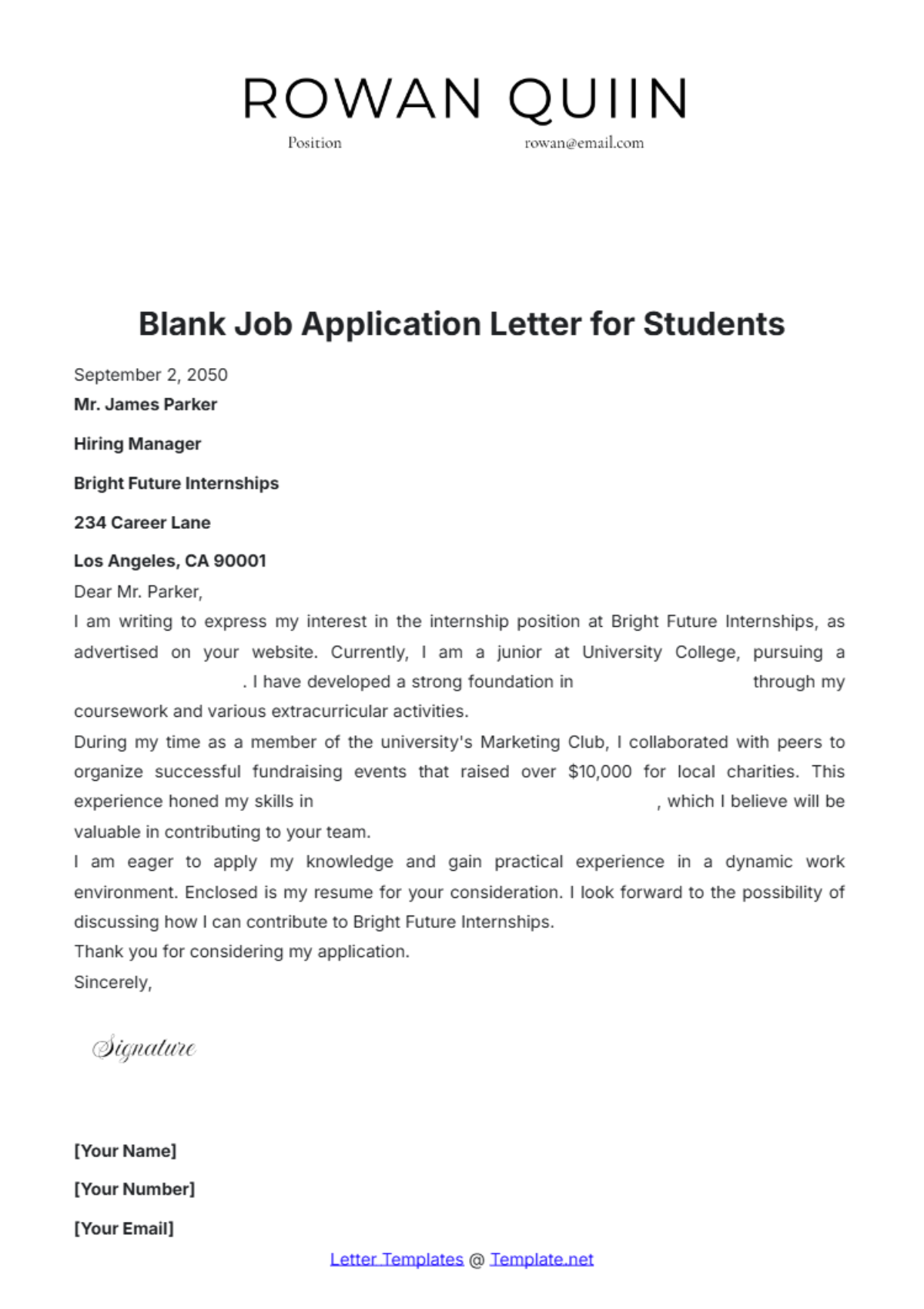 Blank Job Application Letter for Students Template - Edit Online & Download