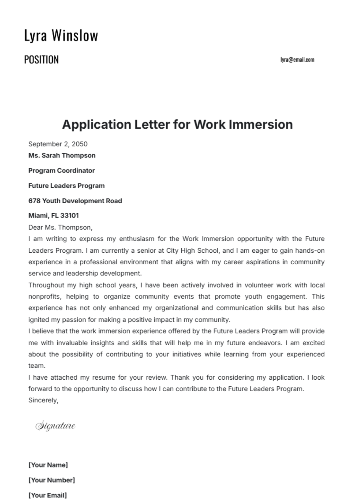 Application Letter for Work Immersion Template - Edit Online & Download