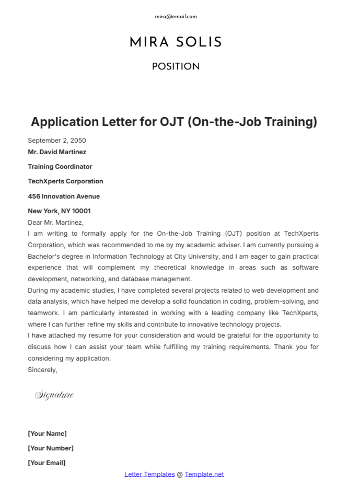 Application Letter for OJT (On-the-Job Training) Template - Edit Online & Download